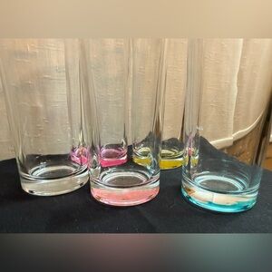 5 highball glasses with pink, fushia, yellow, blue and clear color.  6.5”H